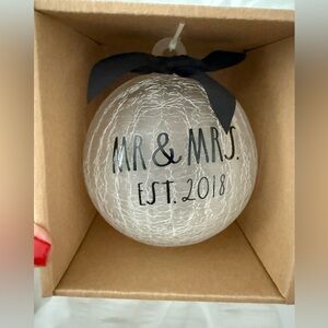 Rae Dunn Mr Mrs Christmas Frosted Glass Ornament Black Letters